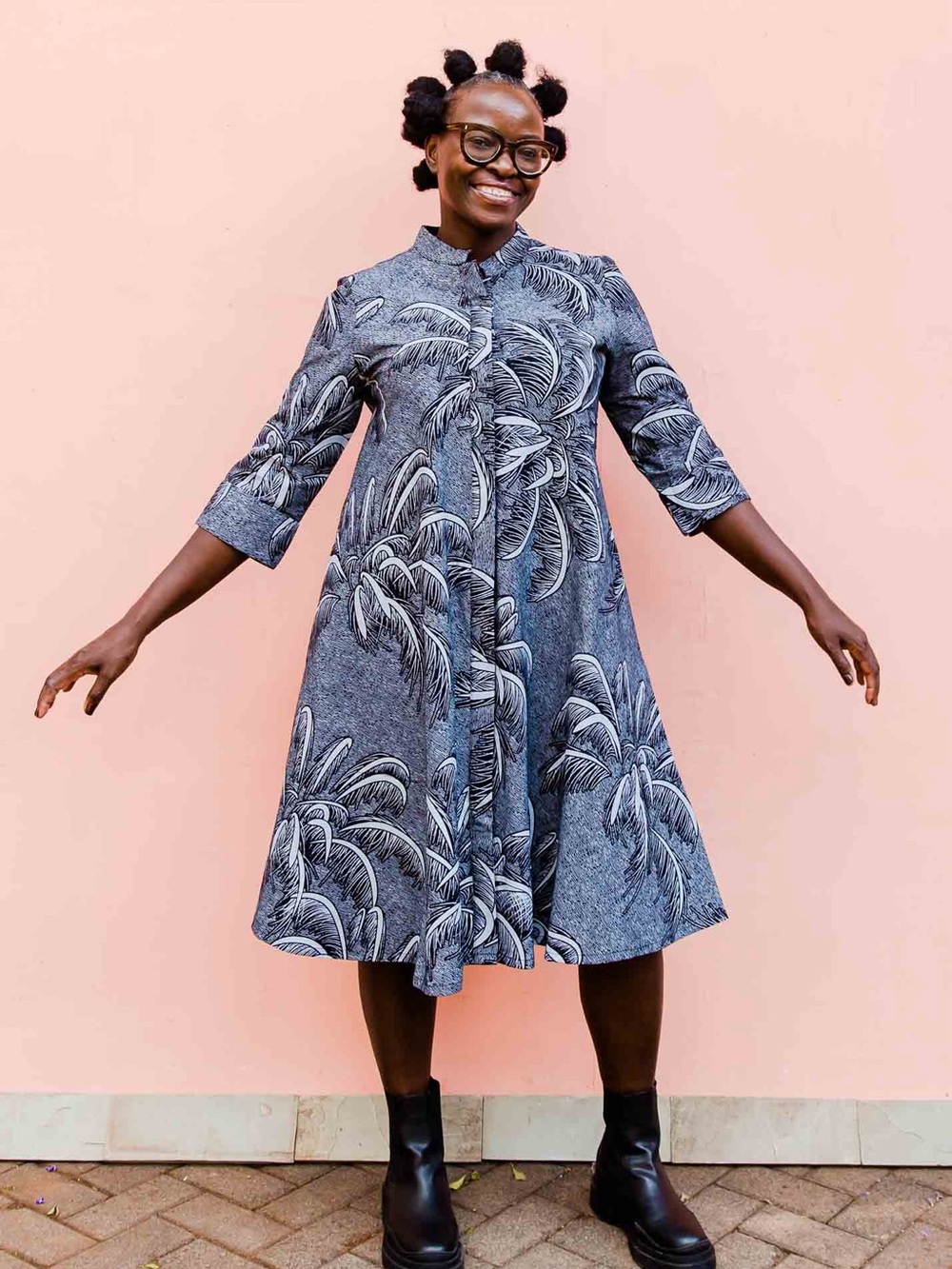 Zuri Kenya Gray Black Palm Leaf Print Cotton Shirt Dress XXS Lagenlook Artsy‎